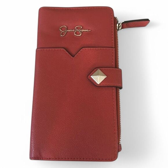 Jessica Simpson Red Faux Leather Wallet Clutch Card Holder‎ Zip Around Organizer - Picture 1 of 3